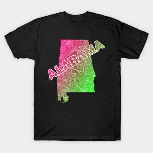 Colorful mandala art map of Alabama with text in pink and green T-Shirt